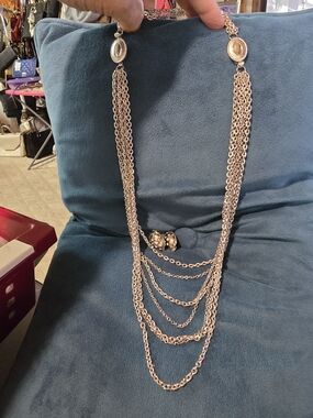Avon Vintage Layered Silver Multi Chain Necklace & Silver Clip On Earrings.